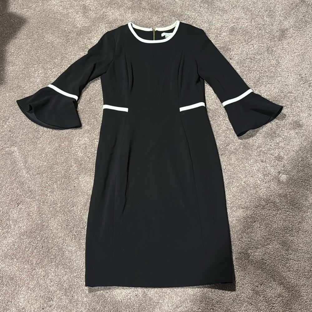 Calvin Klein Black White Trim Bell Sleeve Dress Size 6 Sheath Work